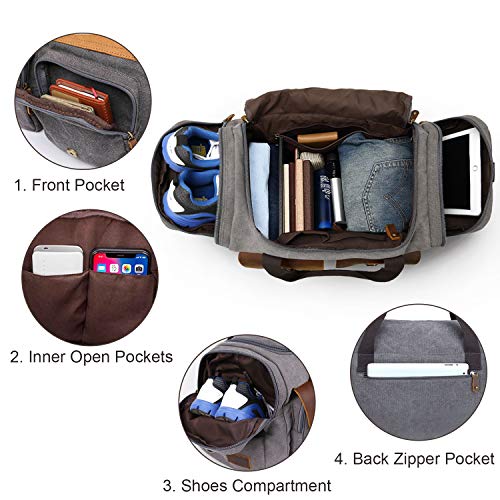 Canvas Duffle Bag, Aocome Overnight Bag for Men and Women Traveling, Genuine Leather Trim Travel Weekender Bag with Shoe Compartment, Large Carryon Luggage Bag With Shoulder Strap