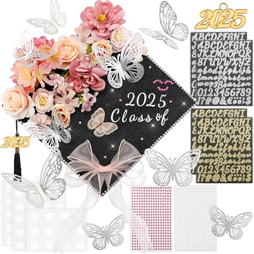 HCKLM Graduation Cap Decorations Kit - Assorted Flowers 3D Butterfly Stickers Glitter Rhinestones Alphabet Letter Number Stickers for DIY Grad Cap Topper 2025 Graduation Party Supplies (Pink)