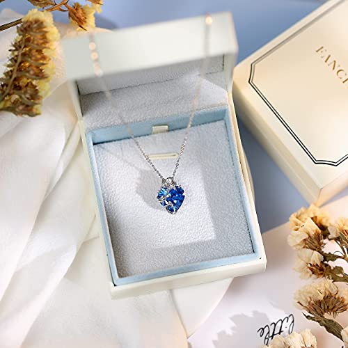 Cacestone Sterling Silver Gemstone 12Mm Created Blue Topaz Rose Flower Heart December Birthstone Necklace For Women Cubic Zirconia Jewelry Anniversary Birthday Gifts For Mom Wife Girls Her #TOP5