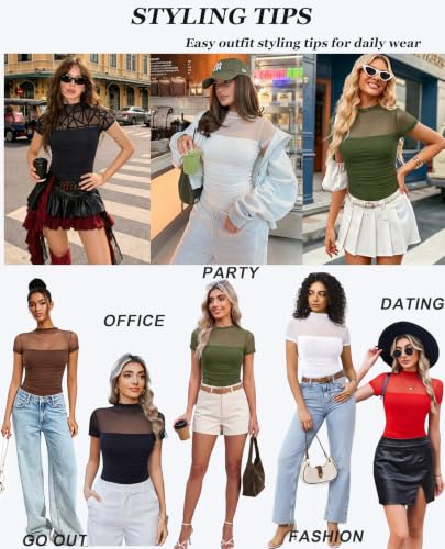Image of Avidlove Women's Short Sleeve Bodysuit Turtle Neck Body Suits Mesh One Piece Leotard Going Out Tops Date Outfits