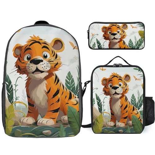3 Piece Backpack for Women Men Lightweight Causal Daypack Shoulder Bag Set with Insulated Lunch Bag And Pencil Case Organizers Cartoon Tiger