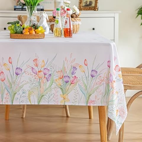 Joyfol Day Spring Floral Tablecloth, Watercolor Tulip Table Cloth for Square Tables, Waterproof Flower Table Covers for Easter, Birthday, Wedding, Mothers Day Tea Party Decorations, 54 x 54 Inch Cover