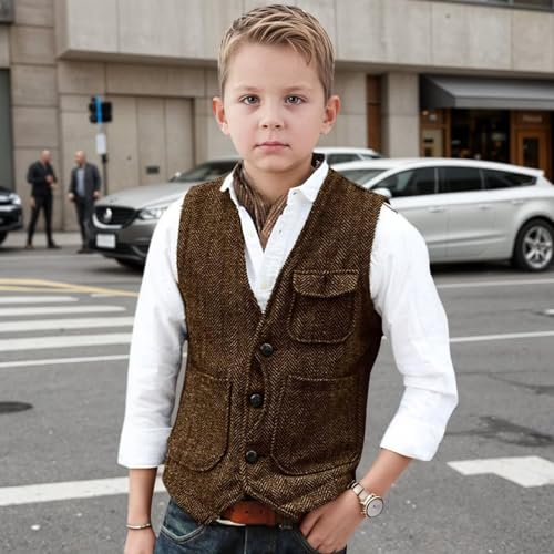 Retro Boys Tweed Vest for Kids Formal Dress Herringbone Suit Vest for Teen Wedding Homecoming Waistcoat4