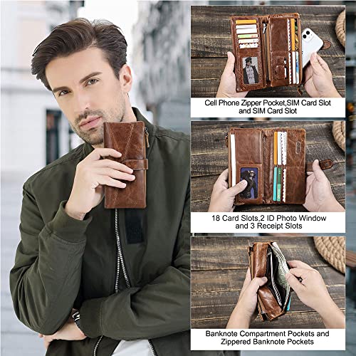 Contacts Mens Clutch Wallet Leather Purse for Men Long Zipper Brown Phone Wallet Card Holder Bifold Coin Wallet2