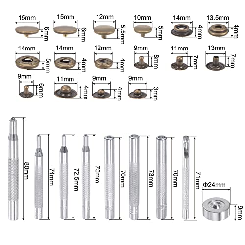 Uxcell 40 Sets Leather Snap Fasteners Kit 4 Types Copper Metal Press Studs Buttons Tool With 9 Setter Tools & Storage Box For Clothing Leather Sewing, Bronze #TOP1