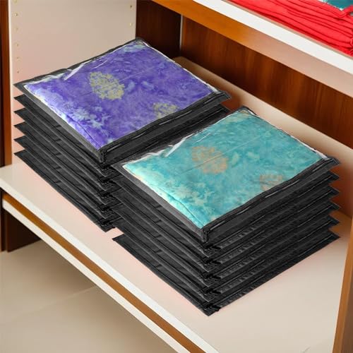Image of Kuber Industries Non-Woven Foldable Saree Covers With Zip| Single Saree Storage Bags |Clothes Organiser For Wardrobe |Transparent Top With Premium Zipper|Pack Of 12 (Black)