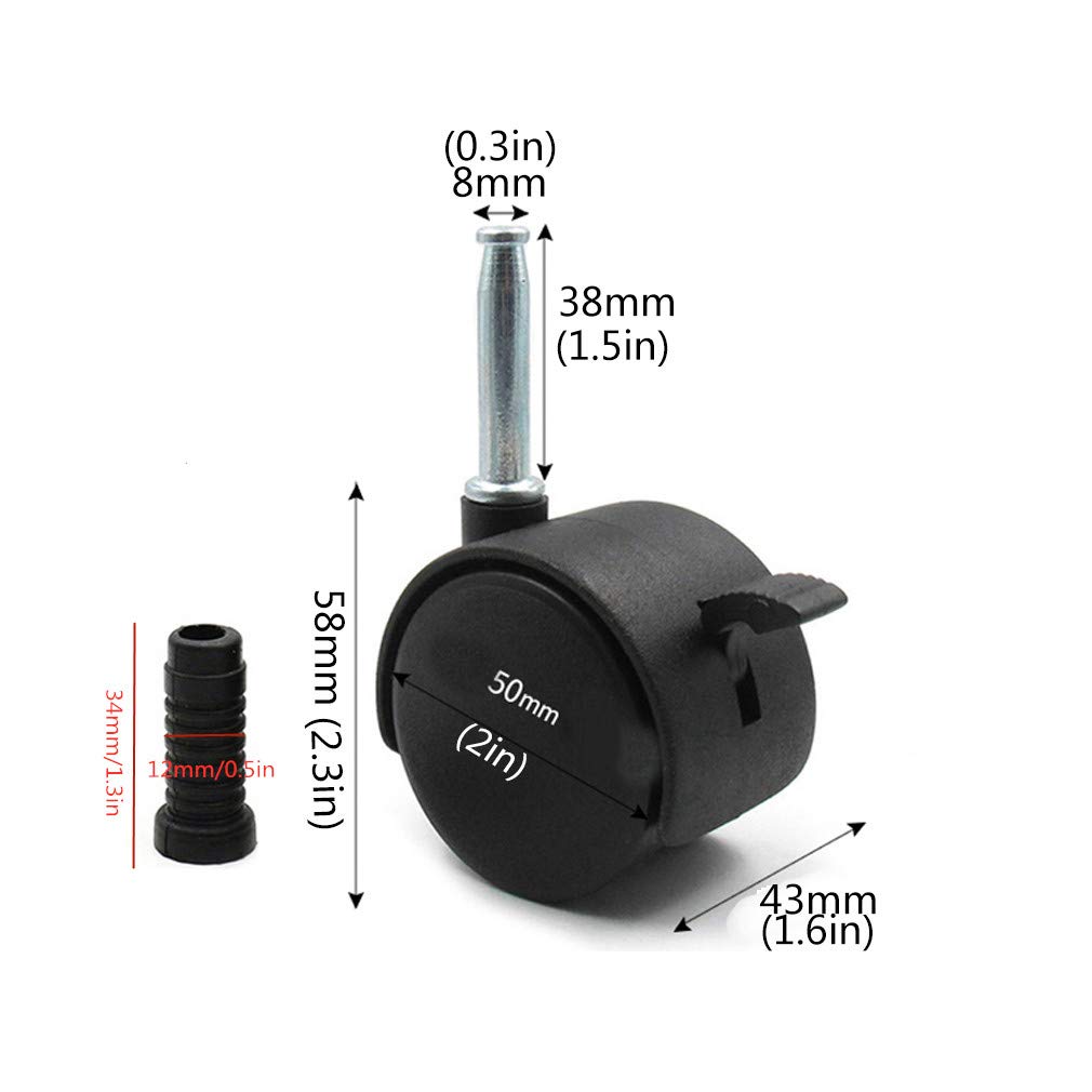 2" Roulettes de Lit d'enfant en Caoutchouc,4pcs Roulettes de Berceau Pivotantes,Roue de Meuble,Bébé Lit Accessoires,Double Roue,Charge 80kg,Silencieux,avec Tige de Piston en Métal (Noir-Frein)