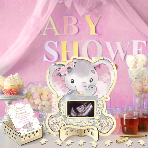 Image of Wenqik 63 Pcs Pink Elephant Baby Shower Guest Book Alternatives Set Baby Shower Decorations with Photo Frame Sonogram Frame Keepsake 60 Wood Slices Guest Book for Birthday
