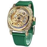 FORSINING Orologi da uomo, orologio meccanico retrò quadrato intagliato a carica automatica, orologio da polso con cinturino in pelle vintage, GreenSil