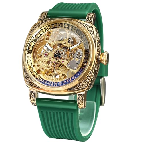 Image of FORSINING Fancy Watches for Men, Square Retro Mechanical Watch Self-Wind Carved, Gear Movement Golden Skeleton Automatic Watches Vintage Leather Strap Wrist Watch