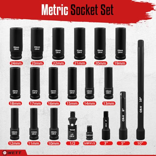 WETT 1/2-Inch Drive Deep Impact Socket Set, 20 Piece Metric Socket Set, 6 Point, Cr-V Steel, 10-24mm, Universal Joint, Adapter and Extension Bar - Thumbnail 2
