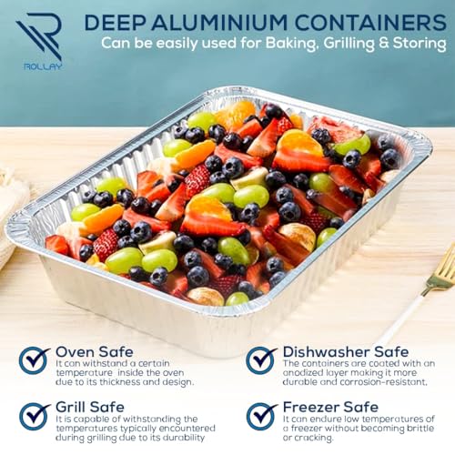 Rollay 10 Pack Large Aluminium Foil Trays Deep (32x26x7 cm) - Tin Foil Trays Containers for Cooking, Baking, Broiling, Roasting, BBQ, and Party (3500ml) - Image 2