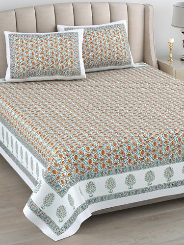 Image of ElanorHomes 240 TC Cotton Double King Size Bedsheet | Ultra-Soft & Skin-Safe | Breathable Summer Comfort | 93x108 inches with 2 Pillow Covers (Narangi Buta)