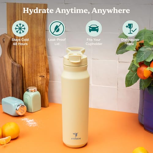 Image of REDUCE 32 oz Hydrate Pro Stainless Steel Insulated Water Bottle - Flip Top Leak-Proof Lid, Dishwasher Safe, BPA-Free, Dual Wall Vacuum, Keeps Drinks Cold for 48 Hrs, Cup Holder Friendly - Glacier