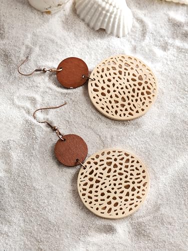 MINACHI Bohemian Hollow Cut-Out Wood Leather Dangle Drop Earrings, Boho Chic Hippie Statement Jewelry Gift for Women2