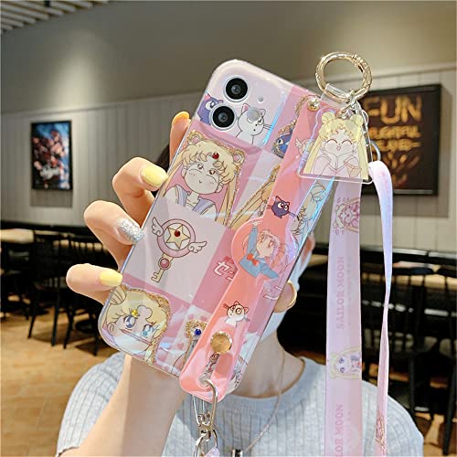 Kimzozkoala For Iphone 13 Pro Max Case Cover, Cute Japan Anime Sailor Moon Case With Wristband Holder Strap Lanyard Diamond Glitter Soft Phone Case Back Cover For Iphone 13 Pro Max (Grids) #TOP3
