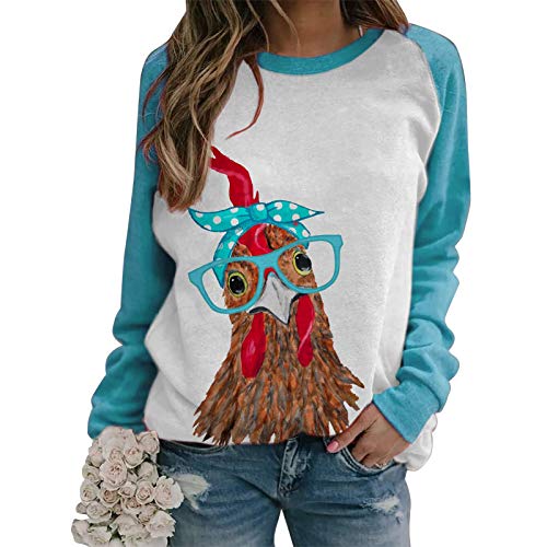 ZS ZHISHANG Womens Long Sleeve Shirts for Women Women's Chicken with Bandana Printed Color Block Sweatshirt Long Sleeve Top Cover