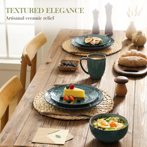 Image of MALACASA 16 Pieces Dinnerware Sets, Farmhouse Plates and Bowls Sets, Embossed Green Dish Set for 4, Vintage Relief Ceramic Dish Set with Mugs, Microwave and Dishwasher Safe, Series LYDIA