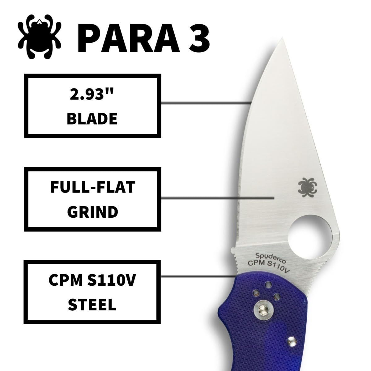 Spyderco Para 3 Folding Pocket Knife with 2" CPM S110V Steel Blade and G-10 Handle - EDC Knife for Men and Women, Perfect for Hunting, Tactical, Camping, Survival, Hiking - PlainEdge - C223GPDBL
