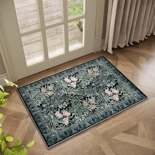 Image of Washable Entryway Area Rugs 2x3 Black Green Vintage Floral Botanical Pattern,Perfect for Soft Door Mat Indoor Entrance, Ultra-Thin Easy Clean Small Throw Carpet for Bedroom Bathroom