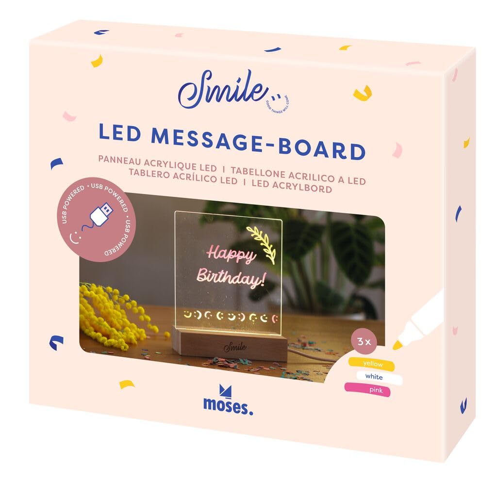 moses. Smile tablica z diodami LED, przezroczysta tablica na notatki z 3 pisakami foliowymi, podświetlana tablica do pisania wiadomości, podświetlana tablica z kablem tekstylnym USB-A