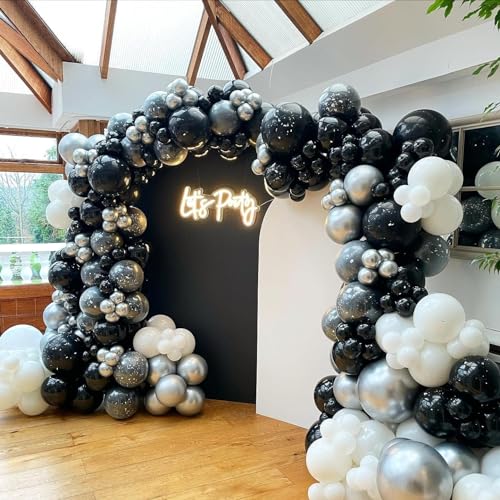 Image of Black Silver Chrome Balloon Arch Kit, 62pcs Black White Silver Balloons Garland Kit for Birthday Decoration, Anniversary Party Supplies for Women, Girls, Men & Boys (Silver Chrome white Black Garland)