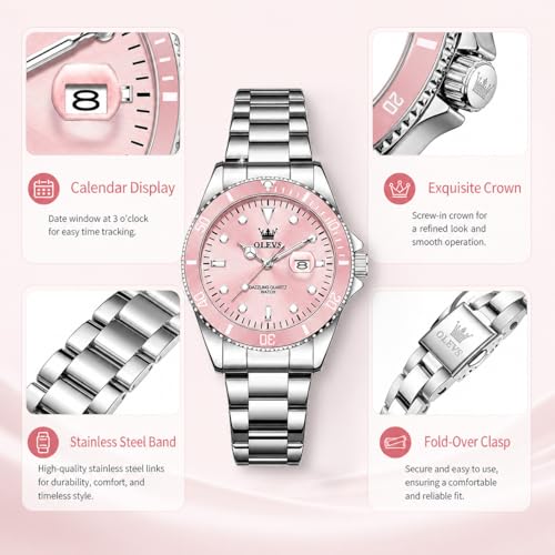 Image of OLEVS Watch Women Silver Watches for Women Luxury for Small Wrists Dress Stainless Steel Women's Wrist Watches Easy to Read Reloj para Mujer Black /Blue /Gold /Green /Pink /Purple
