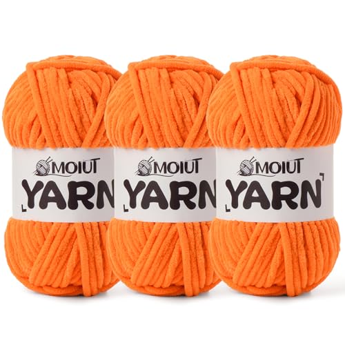 Image of 3 Pack Fluffy Chenille Yarn for Crocheting, Chunky Velvet Yarns for Crochet Amigurumi, Baby Yarn for Crocheting Soft Blanket, 262.4yds /10.5 oz Bulky Yarns for Crafts /Hats /Shoes /Socks (3 Orange)