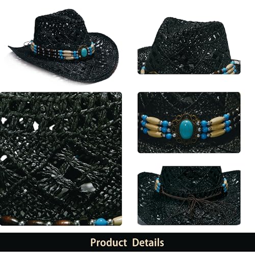 Image of YOUBADU Western Straw Cowboy and Cowgirl Hats with Decorative Bands - Unisex Wide Brim Raffia Style Sun Hat