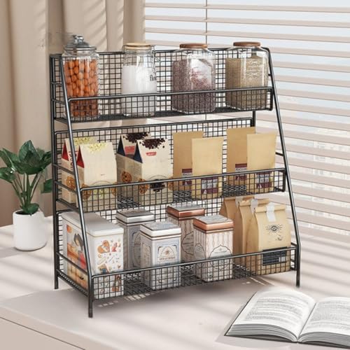 JiFocelt スーパーの棚 メタルスナックチップラック 2/3/4段レジ陳列ラック、 カップ/ジャー/スパイス/ティーバッグ用カウンターオーガナイザー (黒です,三階です)
