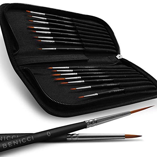 Crafts & Colors Detail Paint Brush Set – 15 Easy Washable Paint Brushes – Fine Detailing for Acrylics, Oil, Watercolor & More – Matte Black Wooden Handles, Canvas Case and Premium Nylon Hair