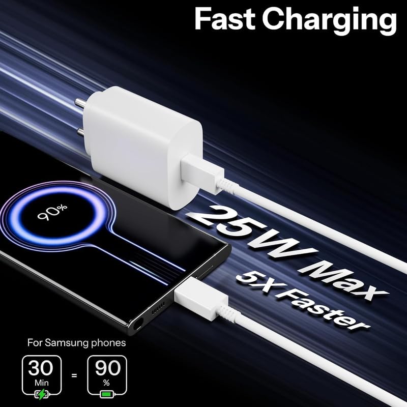 Image of Super Fast Charger Adapter with Cable Compatible with Samsung S /A /M /F /Z Series,S26 /S25 /S24 /S23 /S22 /S21 /Fe /Plus /Edge /Ultra /Flip /Fold & More, USB-C BIS Certified -JJ White