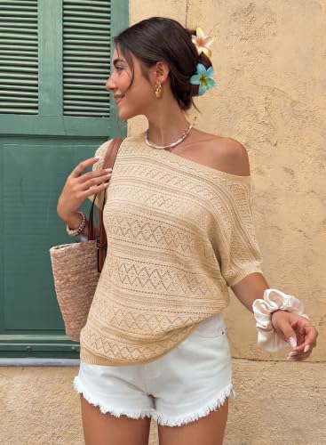 Image of Cakulo Womens Off The Shoulder Batwing Short Sleeve Crochet Tops 2026 Spring Summer Sweater Top Knit Beach Cover Up