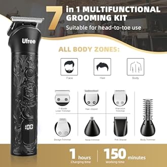 Ufree Beard Trimmer for Men, Electric Razor Shavers, Cordless Hair Clippers, 7 in 1 Beard Grooming Kit for Mustache, Body, Nose and Facial, Gifts for Men