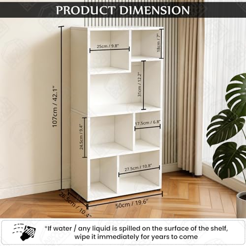 Image of ABOUT SPACE Book Shelf for Home Library - Book Rack with 7 Different Sized Shelves for Living Room, Bedroom, Home Office Book Stand for Kids, Adults Wooden Book Shelf (White - L 50 x B 26 x H 107 cm)