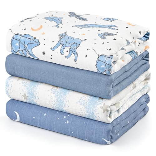 Image of GLLQUEN BABY Muslin Swaddle Blankets 4-Pack Breathable Receiving Blankets (35" x 40") Soft Baby Blankets for Girls and Boys Newborn Essentials Muslin Burp Cloths Swaddle Wrap Baby Gift(Star)
