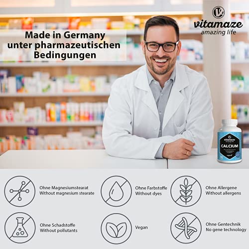 Calcium Tabletten hochdosiert vegan, 180 Tabletten für 3 Monate, 800 mg Kalzium-Carbonat pro Tagesdosis, Organische Nahrungsergänzung ohne Zusatzstoffe, Made in Germany