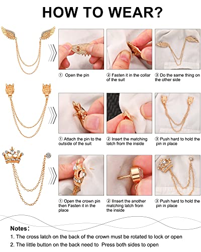 6 Pieces Tassel Chain Brooch Collar Pins Wedding Brooches Collar Pins Wings Wolf Head Crown Lapel Suit Shirt Tuxedo Accessories for Wedding Anniversary Halloween Birthday Party Office3