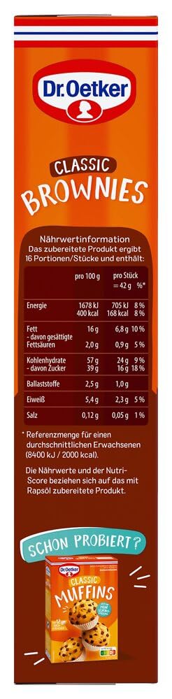 Dr. Oetker Brownies, Backmischung für dunklen Rührteig mit Raspelschokolade zum Zubereiten von 16 Brownies, inkl. praktischer Backform, 1er Pack (1 x 462g)