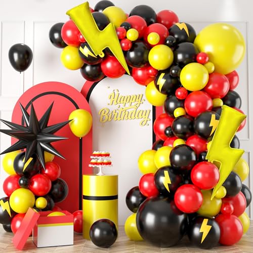 Image of Red Black Yellow Balloons, 60 Pcs 12 Inch Energy Lightning Theme Balloons for Kids Adventure Birthday Party, Game Action Baby Shower Decorations