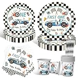 Rennwagen Partygeschirr Set für 10 Gäste,50 Stück Racing Car Geburtstag Party Deko Geschirr,Einweg Pappteller Pappbecher Servietten für Mädchen Junge Kindergeburtstag Deko