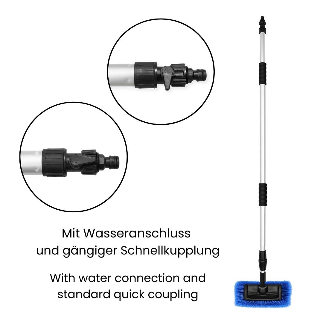 Autowaschbürste mit Teleskopstiel von 150-250 cm mit Wasseranschluss – Profi Waschbürste mit 4-Seiten-Kopf, weichen Borsten, Durchflussregulierung – ideal für LKW, Transporter, Haus & Garten