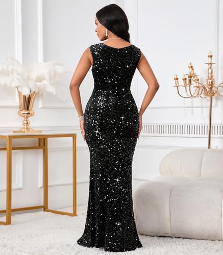 Image of dasmzper Women's Sequin Evening Gown - Elegant Sleeveless V Neck Mermaid Formal Maxi Dress for Wedding, Prom or Party