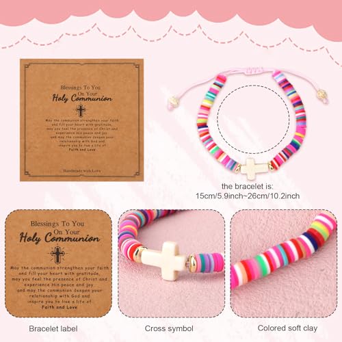 Polymer Clay Cross Bracelet for Girls, Colorful Christian Jesus Religious Bracelet with Motivational Card Bohemian Style Baptism Jewelry Gifts for Daughter Sister Teenage Girls2