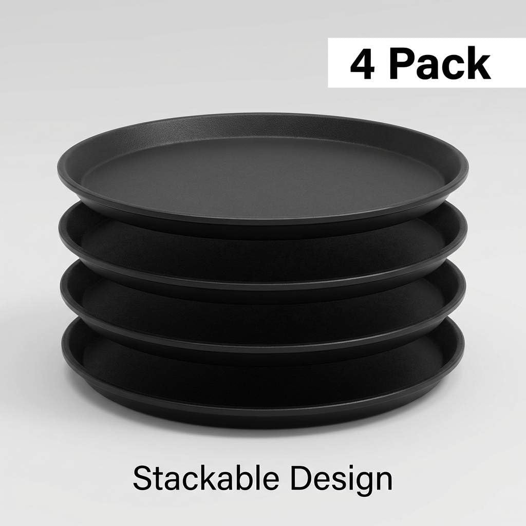 QWORK Vassoio rotondo antiscivolo da 35,5 cm, confezione da 4, in plastica nera con rivestimento in gomma