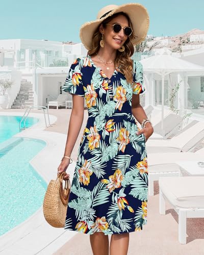 Image of WNEEDU Women V Neck Button Down Empire Waist Midi Summer Dress with Pockets