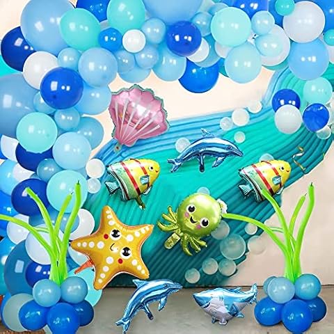 Ocean Animals Birthday Party Decorations for Boy,Blue White Party Balloons Garland Arch Kit Undersea Birthday Supplies with Marine Animals Dolphin Starfish Fish Balloon for Boys Kids Baby Shower Cover