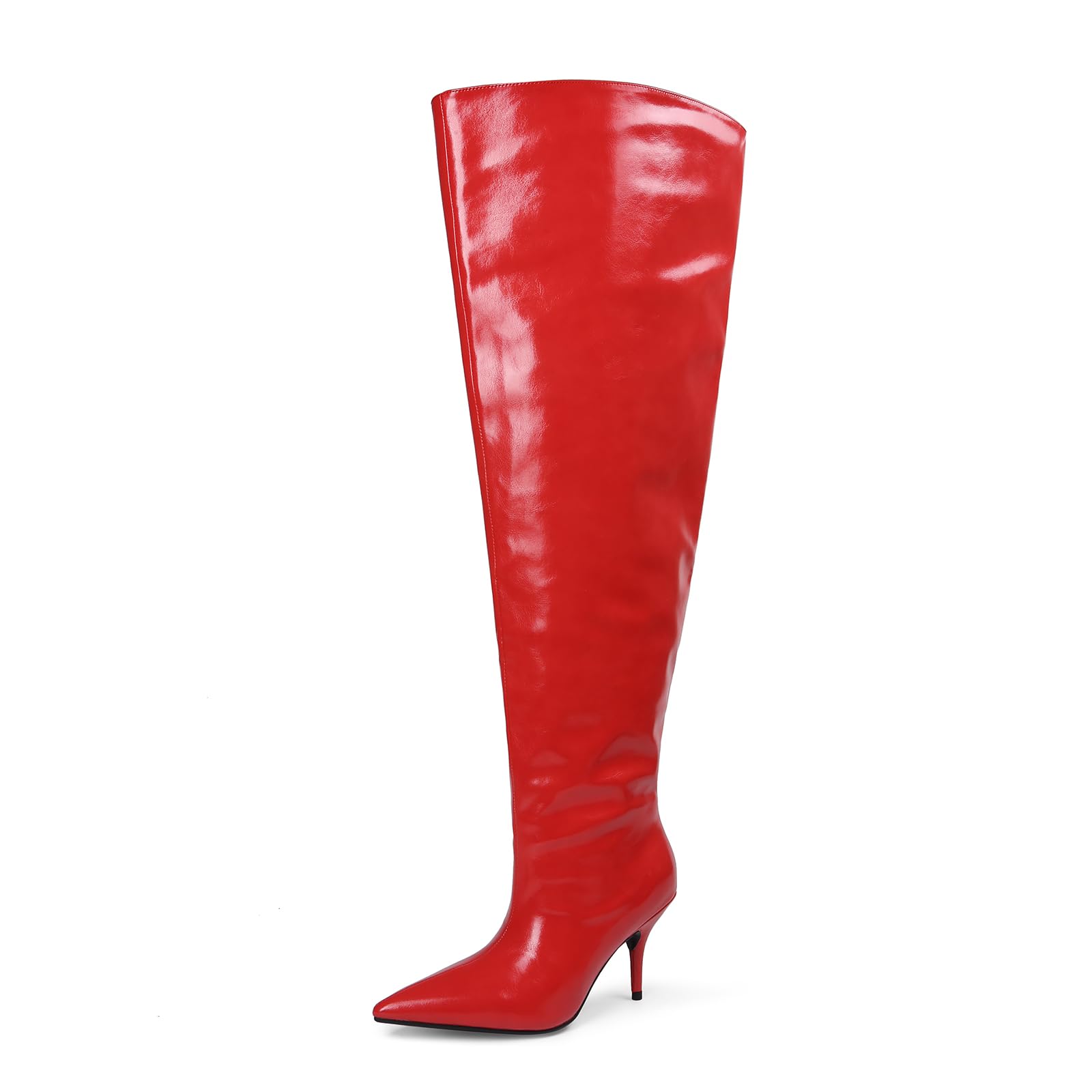 Womens Wide Calf Thigh High Heeled Boots Stiletto Cone Heel Boots Pointed Toe Pull On Black Boot Heels