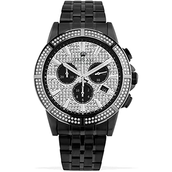 LOUIS XVI Herr armbandsur Majesté Iced Out stålband svart CZ-diamanter kronograf analog kvarts rostfritt stål 1039