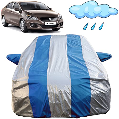 Image of Autofact Waterproof Car Body Cover Compatible with Maruti Ciaz (2014 to 2022) with Mirror Pockets (Blue Stripes with Shinning Silver Fabric /Waterproof Cover)